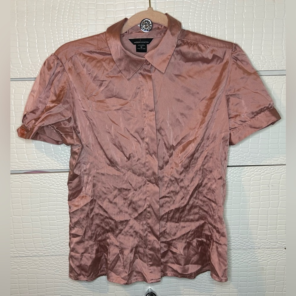 Pink Silk Button up Blouse with Puff Sleeves